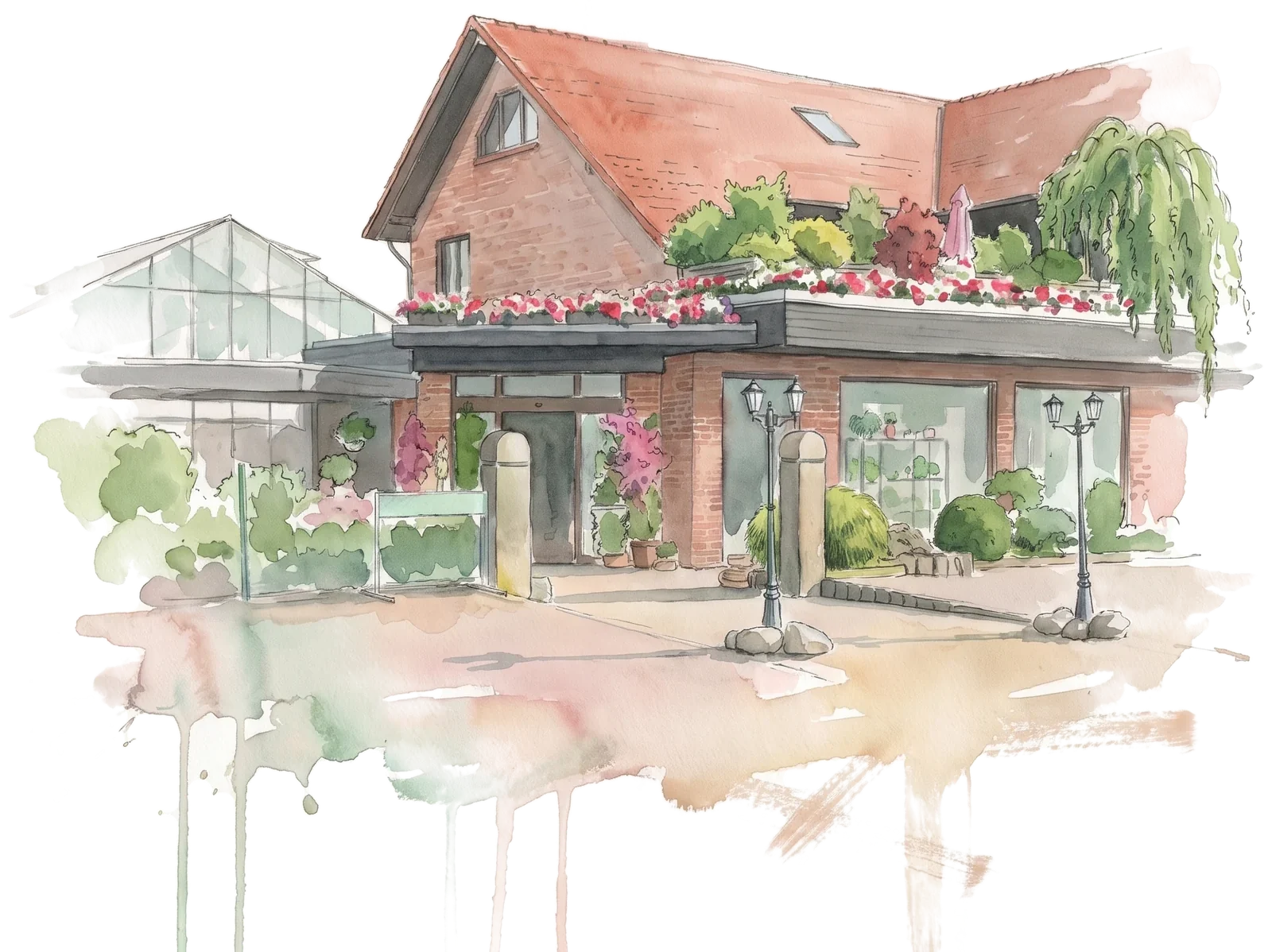 Aquarell der Gärtnerei Fischer in Lindhorst: Klinkerhaus mit Gewächshaus, Blumenkästen auf dem Flachdach und Laternen vor dem Eingang