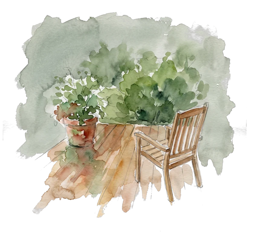 Aquarell: Holzdeck mit Stuhl