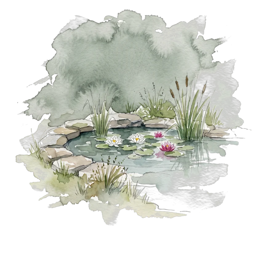 Aquarell: Gartenteich mit Seerosen