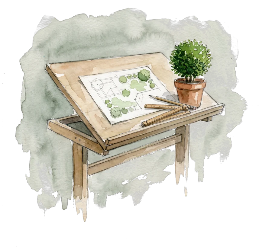 Aquarell: Zeichentisch mit Gartenplan, Zollstock und Buchsbaum