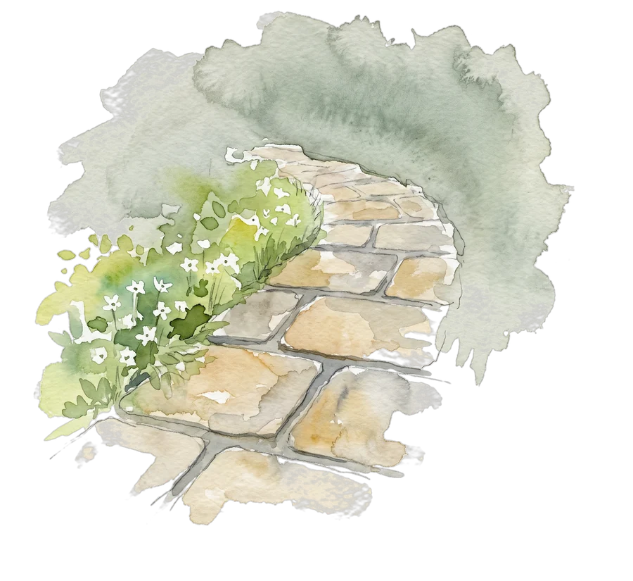Aquarell: Natursteinweg durch Grün